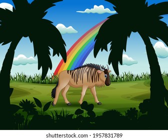 Cartoon a wildebeest in the green nature