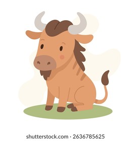 Cartoon wildebeest sitting calmly with gentle expression, stylized horns and brown shades give friendly appearance perfect for children s content or learning materials.
