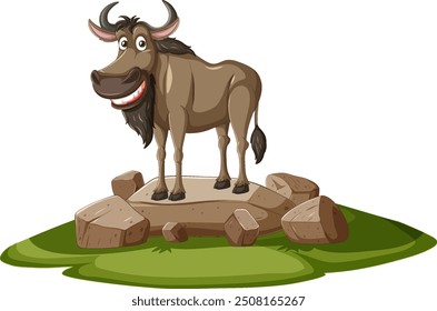 Cartoon wildebeest standing on rocks, smiling