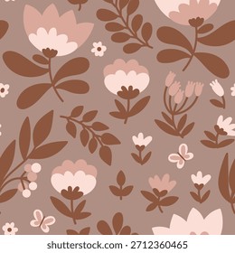 Desenhos animados flores silvestres padrão sem costura em bege e cor-de-rosa em um fundo marrom. Impressão botânica abstrata para crianças. Belas flores de rabiscar em estilo cartoon. Ilustração vetorial.