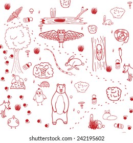 Cartoon wildlife in a forest. Cute animals set.