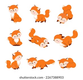 Cartoon wildlife fox. Red foxes jump, sleep and run. Cute forest mascot, funny children animal characters design. Nowaday vector flat clipart