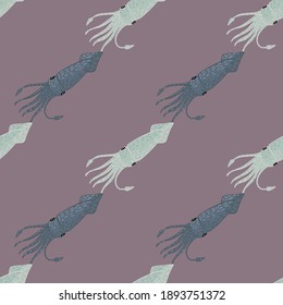 Cartoon wildlife seamless pattern with simple squid ornament. Pale purple background. Perfect for wallpaper, textile, wrapping paper, fabric print. Vector illustration.