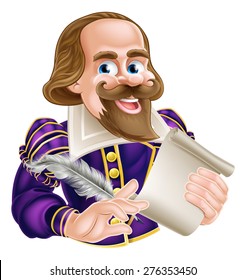 Cartoon Of William Shakespeare Holding A Feather Quill And Scroll