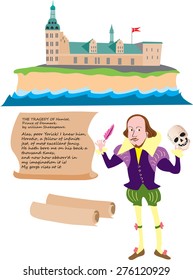 A Cartoon William Shakespeare With A Skull In His Hand And A Scroll With A Speech From His Famous Play Hamlet. Elsinore Castle In The Background