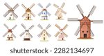 Cartoon wind mill buildings or windmill farm, isolated vector wooden or stone mills. Village and agriculture old windmill towers in rural country farm, Holland Dutch vintage wind mills with flour barn