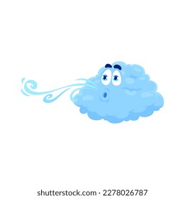 Cartoon wind weather character, isolated vector mischievous cloud blowing air currents or gusts of wind from mouth. Nature and climate meteorology forecast personage with playful facial expression