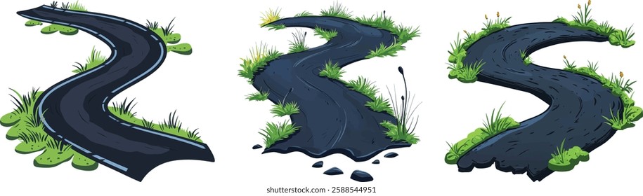 Cartoon Winding Road Vector Illustration Set Isolated on White