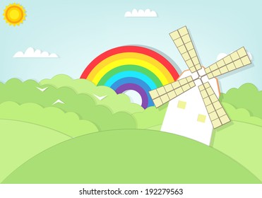 cartoon windmill in grass field vector illustration
