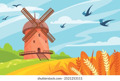 Paisaje de molino de viento de dibujos animados. Molino de viento rural en el campo de cereal de trigo de la granja, fondo tradicional del cielo de la naturaleza de los molinos de viento de la vieja Europa, energía eólica Ilustración vectorial limpia Obra de arte original