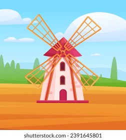 Cartoon windmill on field. Farm and agriculture scene. Village or suburb, nature landscape scene. Rural countryside vector illustration