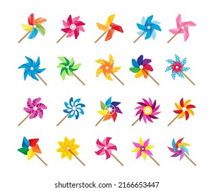 Cartoon windmill toy. Pinwheel spinner cute summer baby toy collection propelled by wind breeze. Vector colorful paper origami fan isolated collection. Rotating bright objects for children svg