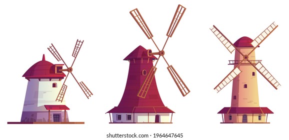 Los molinos de viento de caricatura son edificios antiguos. Molinos de viento tradicionales para molienda de harina, estructura rural con hélice de vainas. Láminas para la elaboración de granos o pan. arquitectura vintage Ilustración vectorial