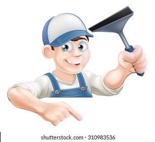 A cartoon window cleaner holding a squeegee and pointing down at a sign or your message