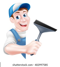 A cartoon window cleaner man in a cap hat and blue overalls holding a squeegee tool