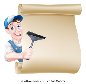 A cartoon window cleaner man in a cap hat and blue overalls holding a squeegee tool and peeking around a scroll