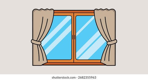 Uma janela de desenho animado com cortinas isoladas sobre fundo branco. Ilustração vetorial para ilustração infantil. Design simples e bonito. Imagem brilhante e colorida para crianças.