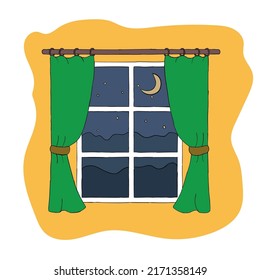 Cartoon window with curtains overlooking the night with moon and stars hand drawn isolated on a white background. Flat design. Vector illustration.