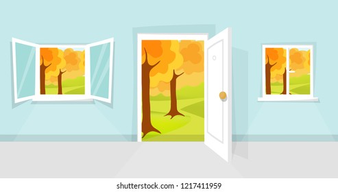 Cartoon window and door view. Sunny autumn day scene. Hill, golden leaves, trees, windowpane, windowsill, entrance, doorway, door knob. Open, closed window. Eps 10 vector illustration.