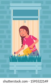 Cartoon window house. Happy smiling young woman character watering blossoming flowers in pots. Building apartment brick wall. House façade. Living behavior. Household activities. Vector illustration