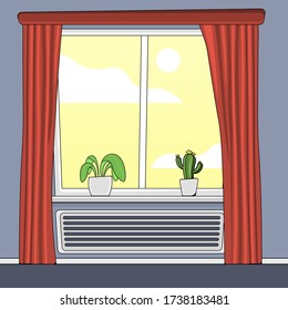 ventana de dibujos animados con vista al cielo y persianas, plantas y sistema de calefacción, ilustración de material vectorial 