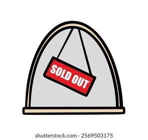 Cartoon window of the ticket office at the train station, cinema or theater. Vector illustration of sign and  inscription. All tickets are sold out. Isolated doodle object on white background.