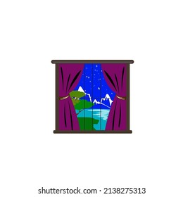 Cartoon window vector symbol icon design. Vector spring view of open house window, summer outside view, blooming bushes, blue sky, meadow.