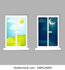 Cartoon Window View. Day And Night Scene. Hill, Clouds, Sun, Moon, Windowsill. Eps 10 Vector Illustration.