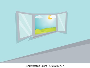 Cartoon window view in perspective. Sunny day scene. Hill, clouds, sun, windowsill. Eps 10 vector illustration.