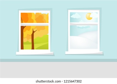 Cartoon window view. Season change. Autumn and winter scene. Hill, snow, clouds, sun, windowpane, trees, grass, windowsill. Eps 10 vector illustration.