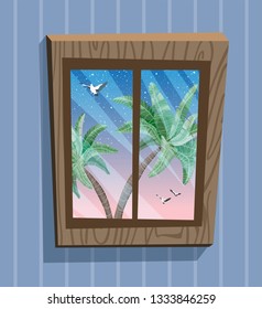 Cartoon window view. Starlight Night on paradise island, vector illustration