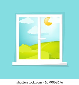 Cartoon window view. Sunny day scene. Hill, clouds, sun, windowsill. Eps 10 vector illustration.