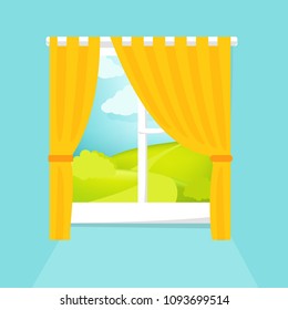 Cartoon window view. Sunny day scene. Hill, clouds, sun, windowsill, curtains. Eps 10 vector illustration.