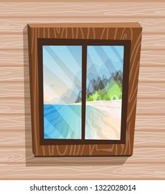 Cartoon window view. Sunny day on paradise island, view from bungalow. Beach, sea, sun, vector illustration