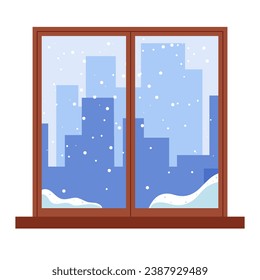 Cartoon window with winter landscape with falling snow.Vector illustration with blue silhouettes of city through the window.