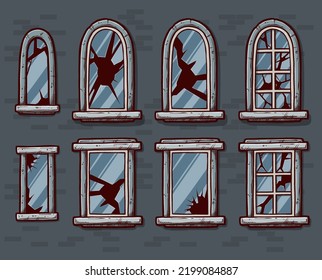 Ventanas de dibujos animados con vidrio roto en un marco sobre una pared de ladrillo. Elementos de fachada para el exterior de la casa. Iconos vectores establecidos.