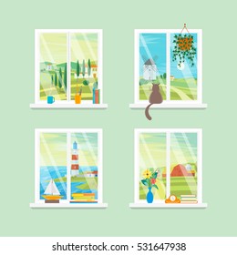 Cartoon Windows Different View Set. Vector