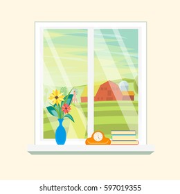 Cartoon Windows Farm Landscape View Countryside Background, Flat Design Style. Vector illustration