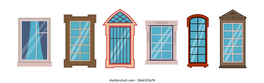 Cartoon windows frames. Colorful various wooden and plastic office, home or store window, outdoor front view different shapes building collection, modern and classic exterior flat vector isolated set