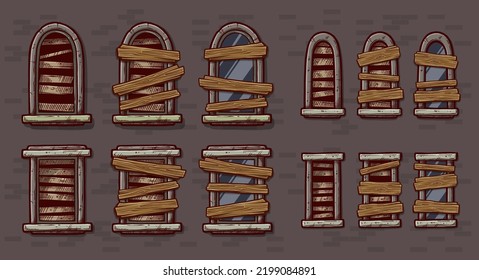 Ventanas de dibujos animados con vidrio en un marco cerrado con tablas de madera en una pared de ladrillo. Elementos de fachada para el exterior de la casa. Iconos vectores establecidos.