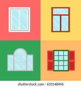 Cartoon Windows Set with Shutters on Color Background Decoration Building Construction Element Urban Street Flat Design Style. Vector illustration