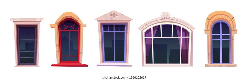 Cartoon windows set, vintage glasses with stone frames, windowsill and curtains inside, retro style arched and rectangular palace or castle exterior design elements isolated vector illustration, icons