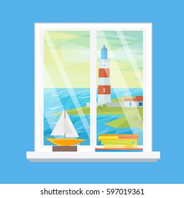 Cartoon Windows Tower Lighthouse for Navigation View Flat Design Style. Vector illustration