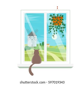 Cartoon Windows View with Traditional Old Windmill Flat Design Style. Vector illustration