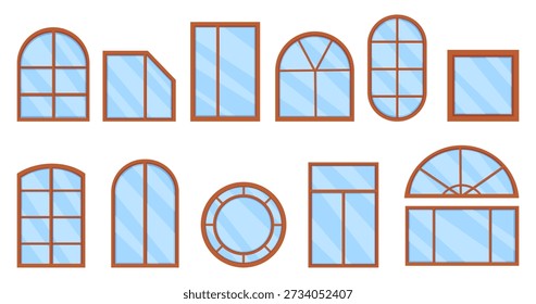 Ventanas de dibujos animados. Marcos de ventana de madera, marco de plástico marrón. Elementos de reparación de oficinas de apartamentos de la casa, kit de fachada. Diseño arquitectónico con vidrio, hoy en día Clipart de Vector