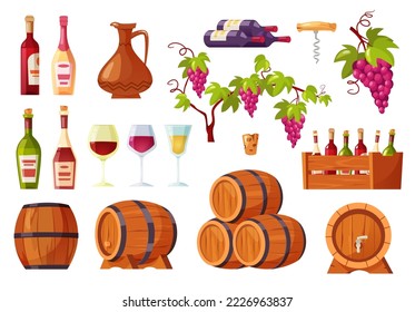 Vino de dibujos animados. Botellas y barriles de alcohol, corteza de madera, racimo de uvas y vasos de vino aislado conjunto vectorial. Producción y degustación de bebidas, granja vinícola con deliciosa bebida