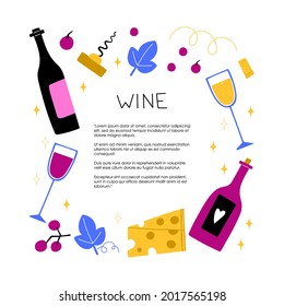 Cartoon wine background. Hand drawn bottle and glass, hands hold wineglass, corkscrew cheese and grape, alcoholic drink collection, square frame, vector isolated illustration with copy space