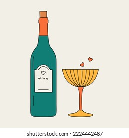 Cartoon wine bottle and glass vector illustrations. Alcohol for romantic dinner. St valentine day concept. Hand drawn party drink clipart