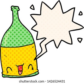 cartoon wine bottle with speech bubble in comic book style