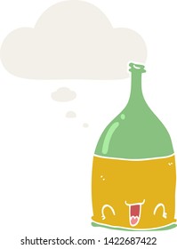 botella de vino de dibujos animados con burbuja de pensamiento en estilo retro